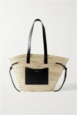 Leather-trimmed embroidered raffia tote