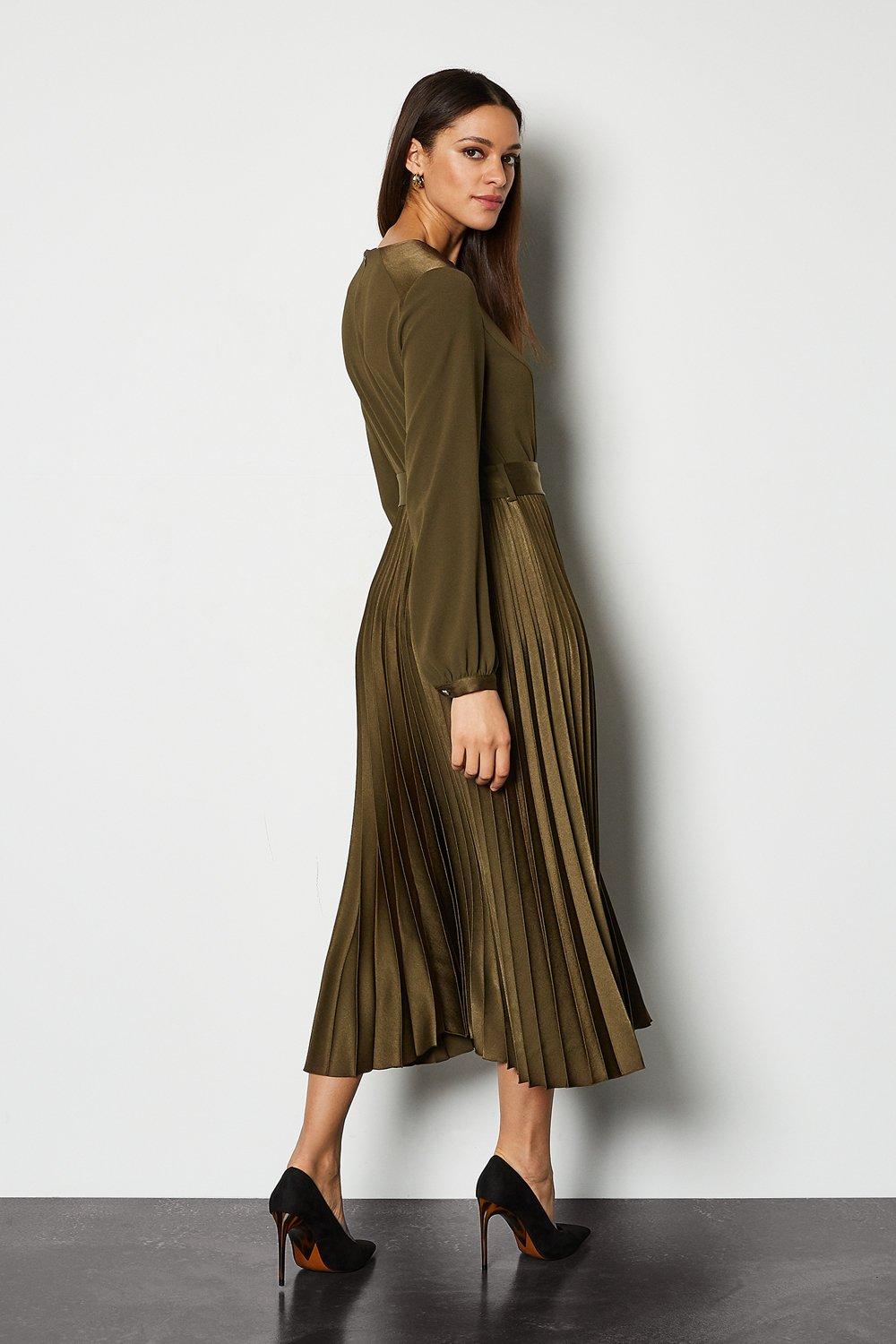 KAREN MILLEN Satin Military Pleated Dress | endource