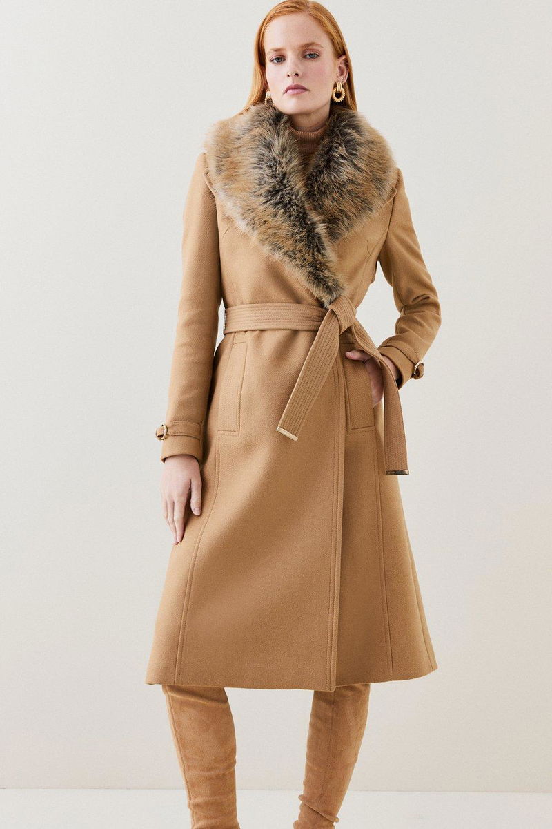 KAREN MILLEN Italian Virgin Wool Faux Fur Collared Coat