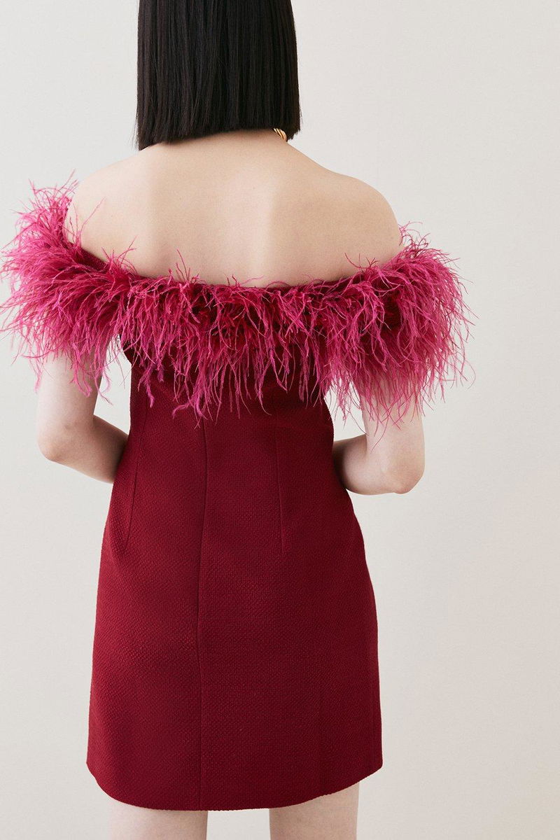 KAREN MILLEN Boucle Feather Bardot Mini Dress | endource