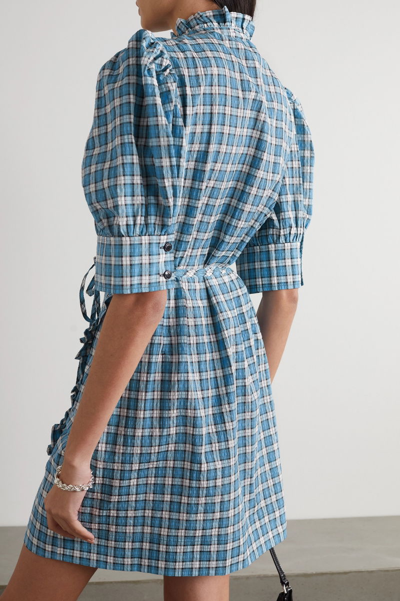 ganni blue seersucker check mini dress GANNI light blue ruffled seersucker checked dress – BOREAL REBORN main image 1