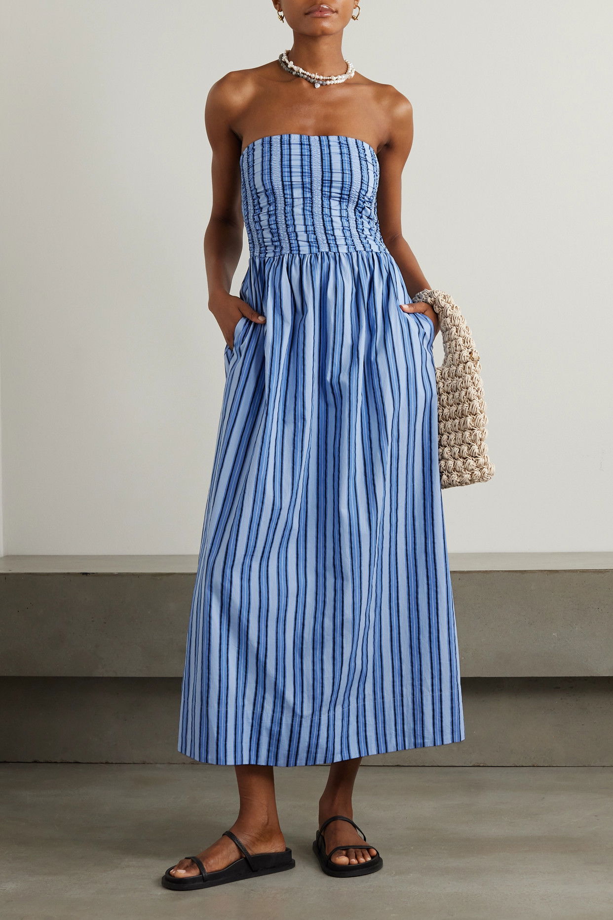 FAITHFULL Dominquez Shirred Striped Organic Cotton-Poplin Midi Dress |  endource
