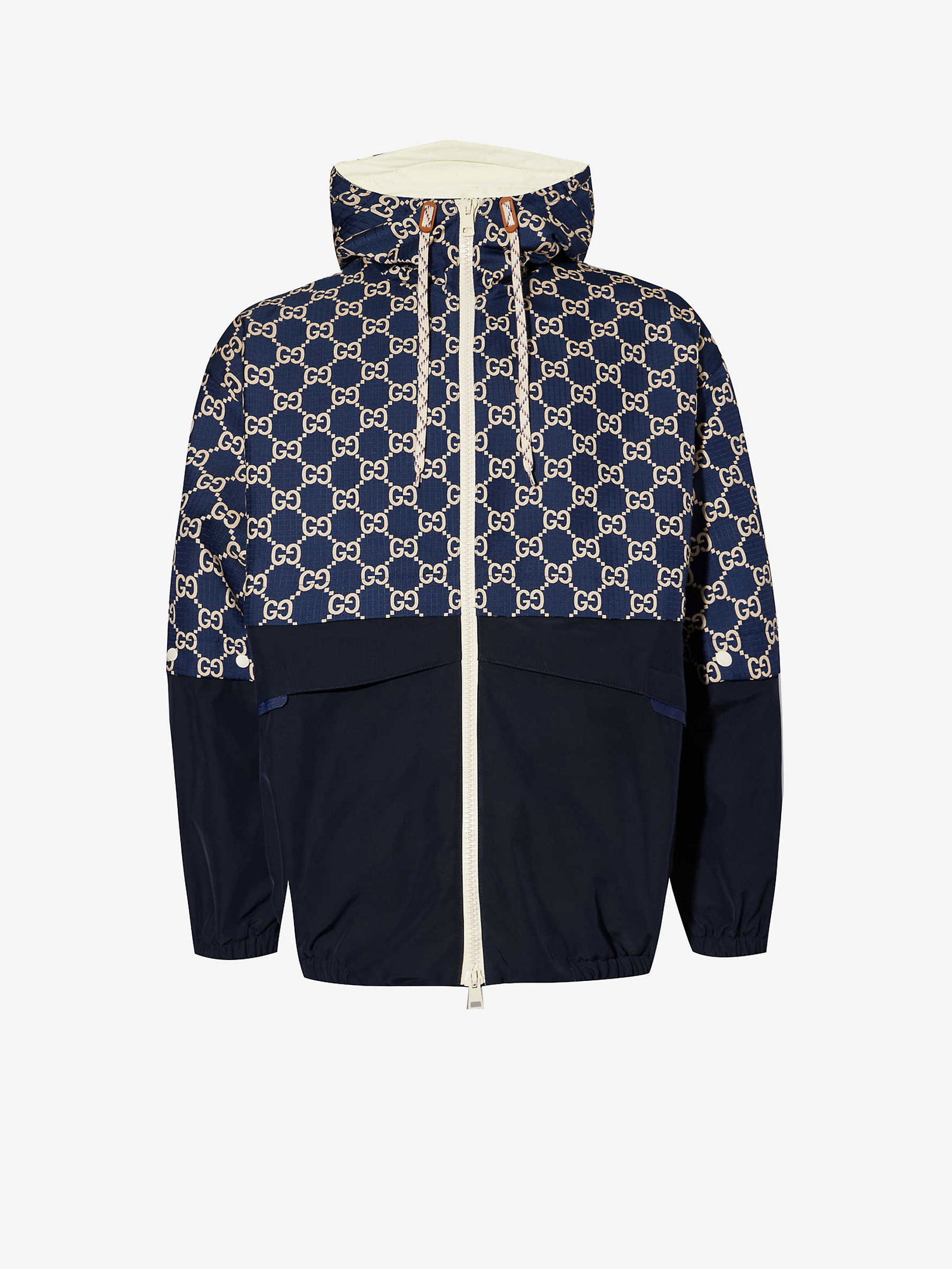 GUCCI Monogram-Panel Relaxed-Fit Woven Jacket in BLUE IVORY MIX | Endource