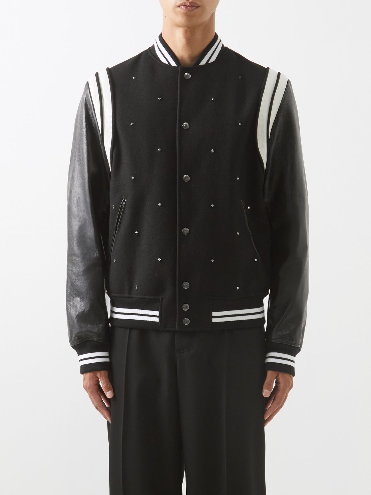 Valentino Leather And Wool Varsity Jacket in Black | Endource