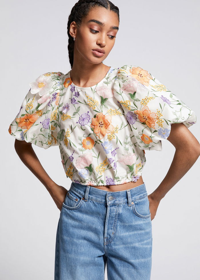 Short Puff Sleeve Woven Embroidered Top with Contrast Detail