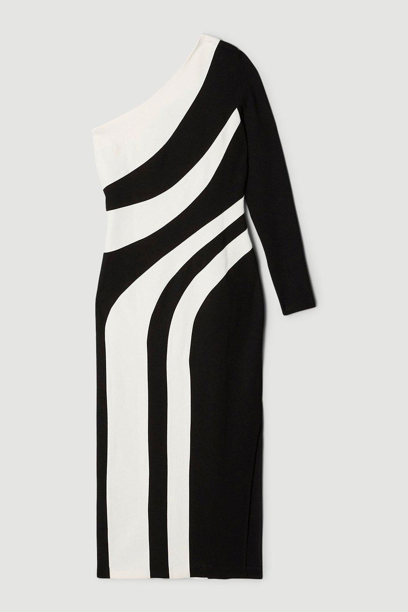 KAREN MILLEN Colour Block Ponte One Shoulder Midi Dress Endource