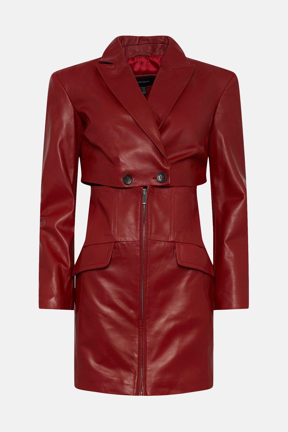 knee length dresses for ladies Karen Millen Red Leather Contrast Stitch Sleeveless Midi Dress UK 10