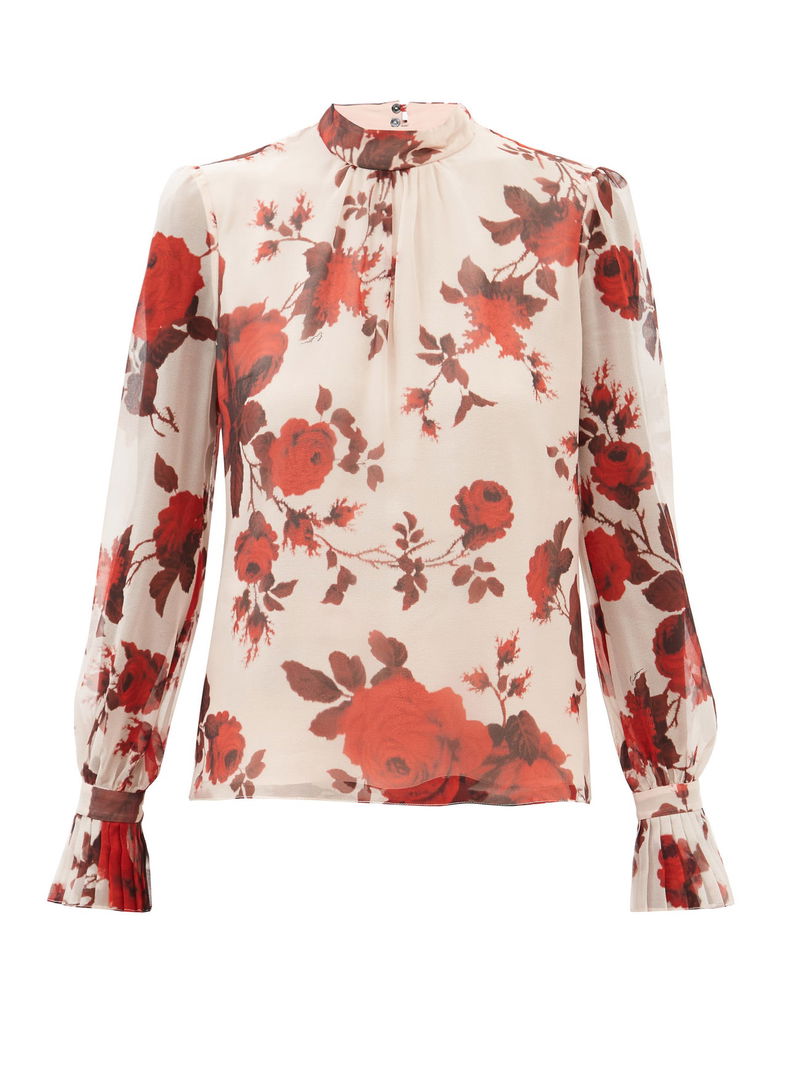 Appliquéd floral-print silk-chiffon blouse