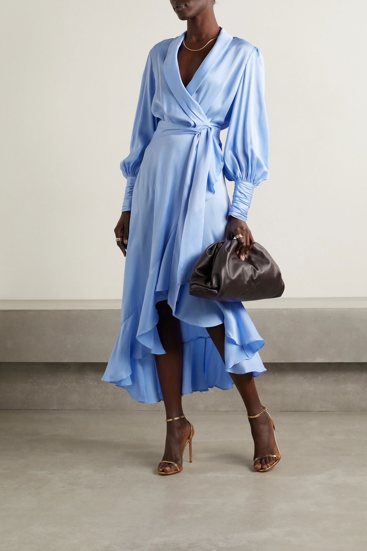 zimmermann asymmetric ruffled silk-satin midi wrap dress 906 Savine — Custom-Made A-line Color:Hunter shawl neck