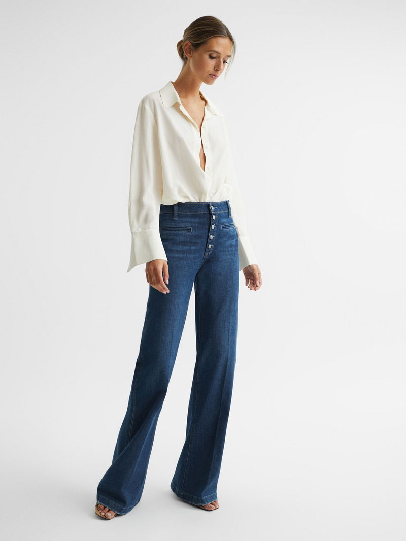 REISS Leenah Paige Button Through Flared Jeans in Dark Blue | Endource