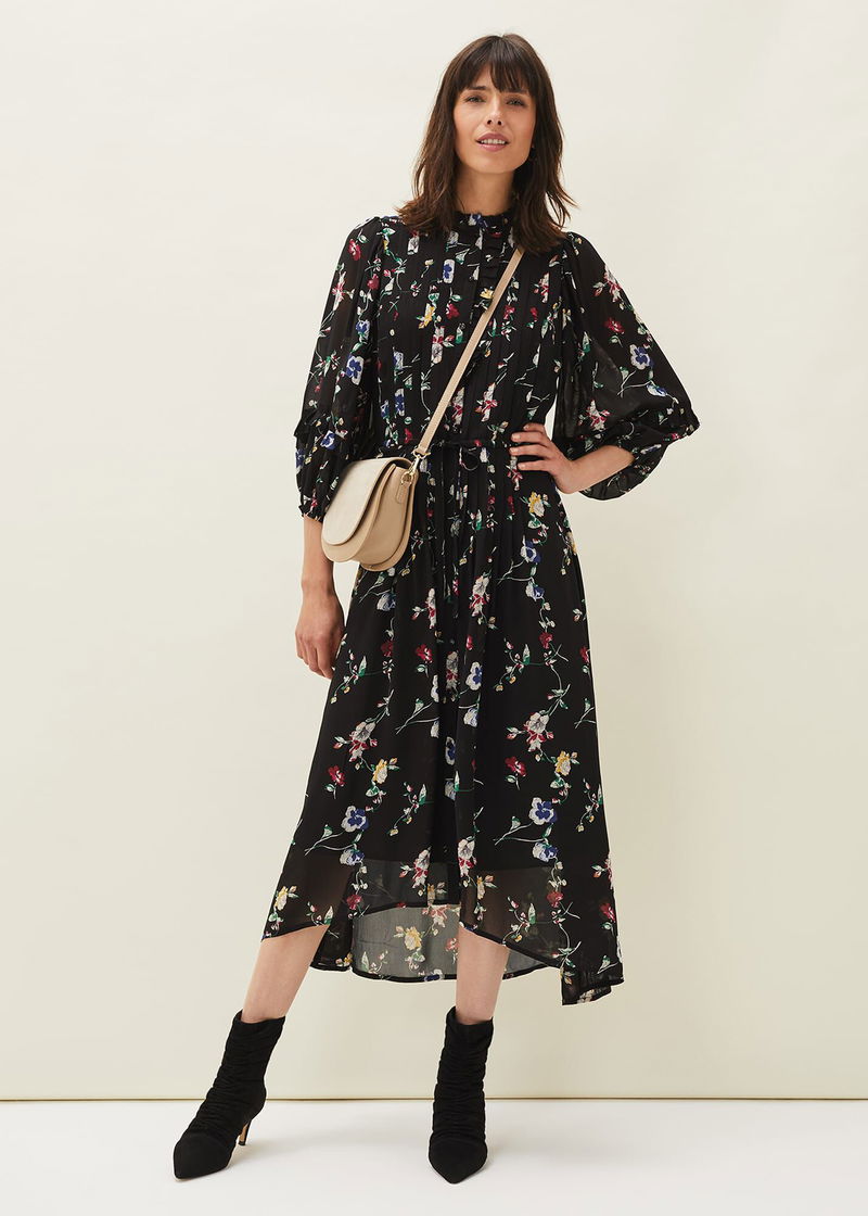 Floral Printed Morocain Woven Collared Midaxi Dress