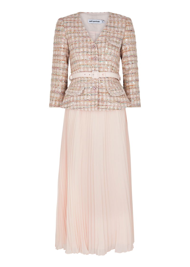 SELF-PORTRAIT Pleated Chiffon And Boucl-Tweed Midi Dress | endource