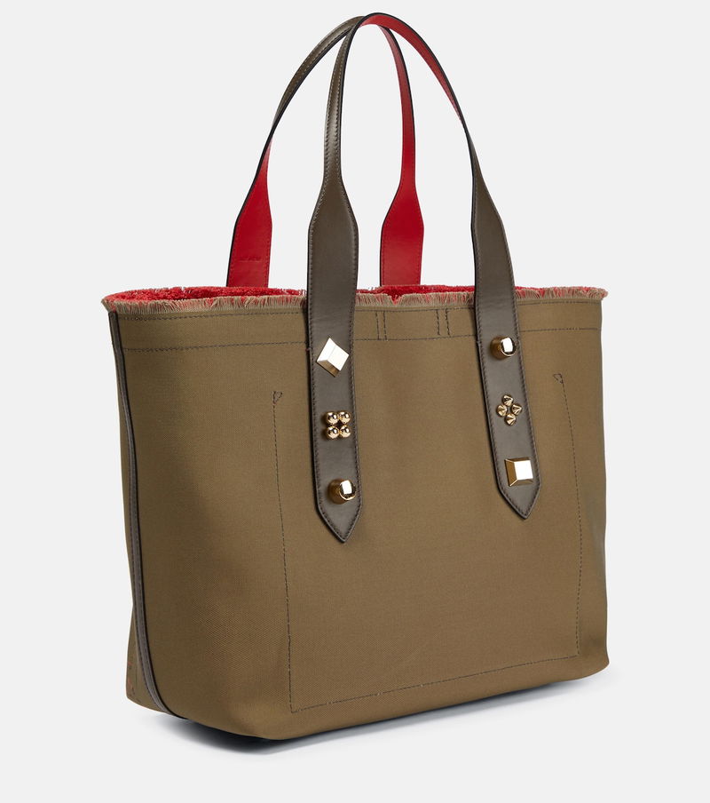 Small leather-trimmed checked cotton-canvas tote