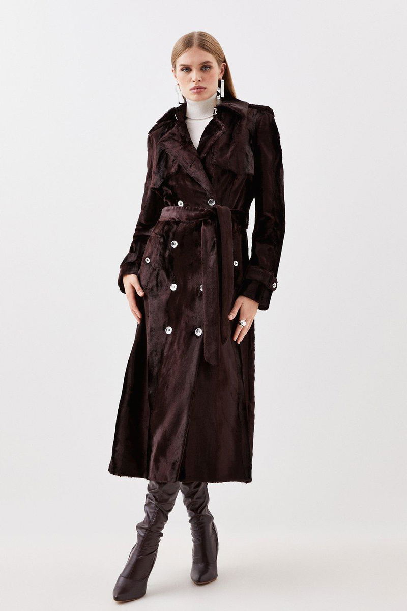 KAREN MILLEN Signature Ponyskin Belted Midi Trench Coat endource