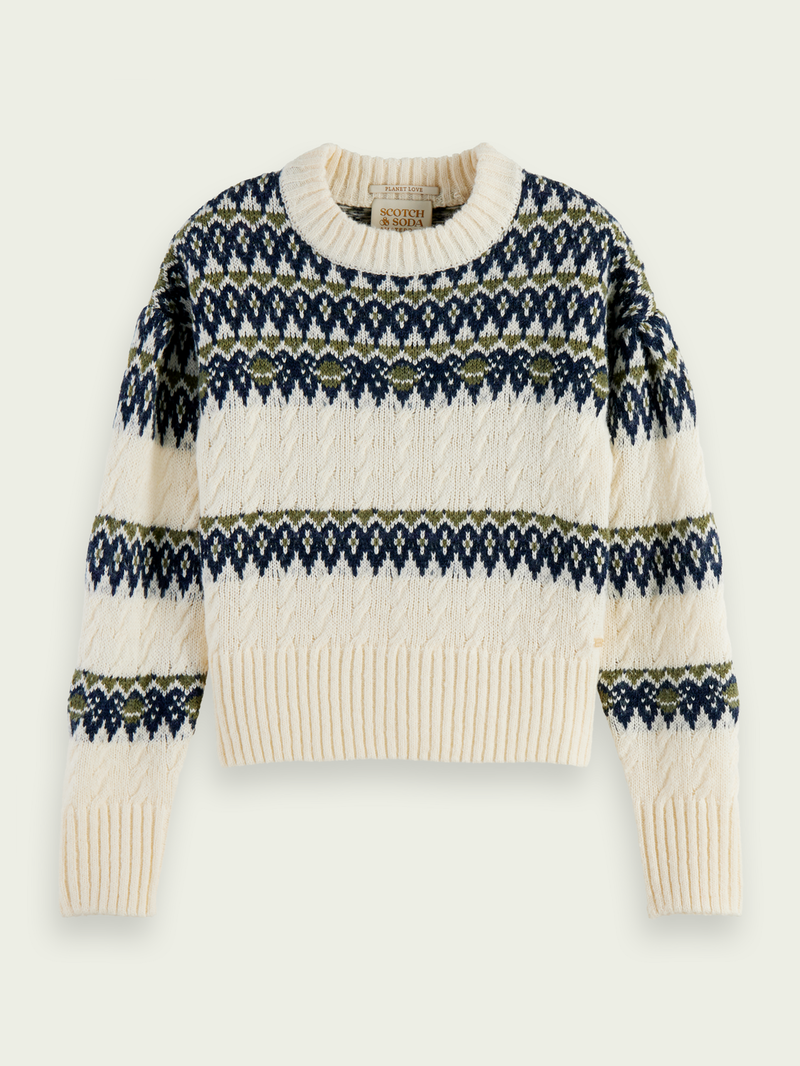 SCOTCH & SODA Cable Knit Fair Isle Sweater in Aged White | Endource