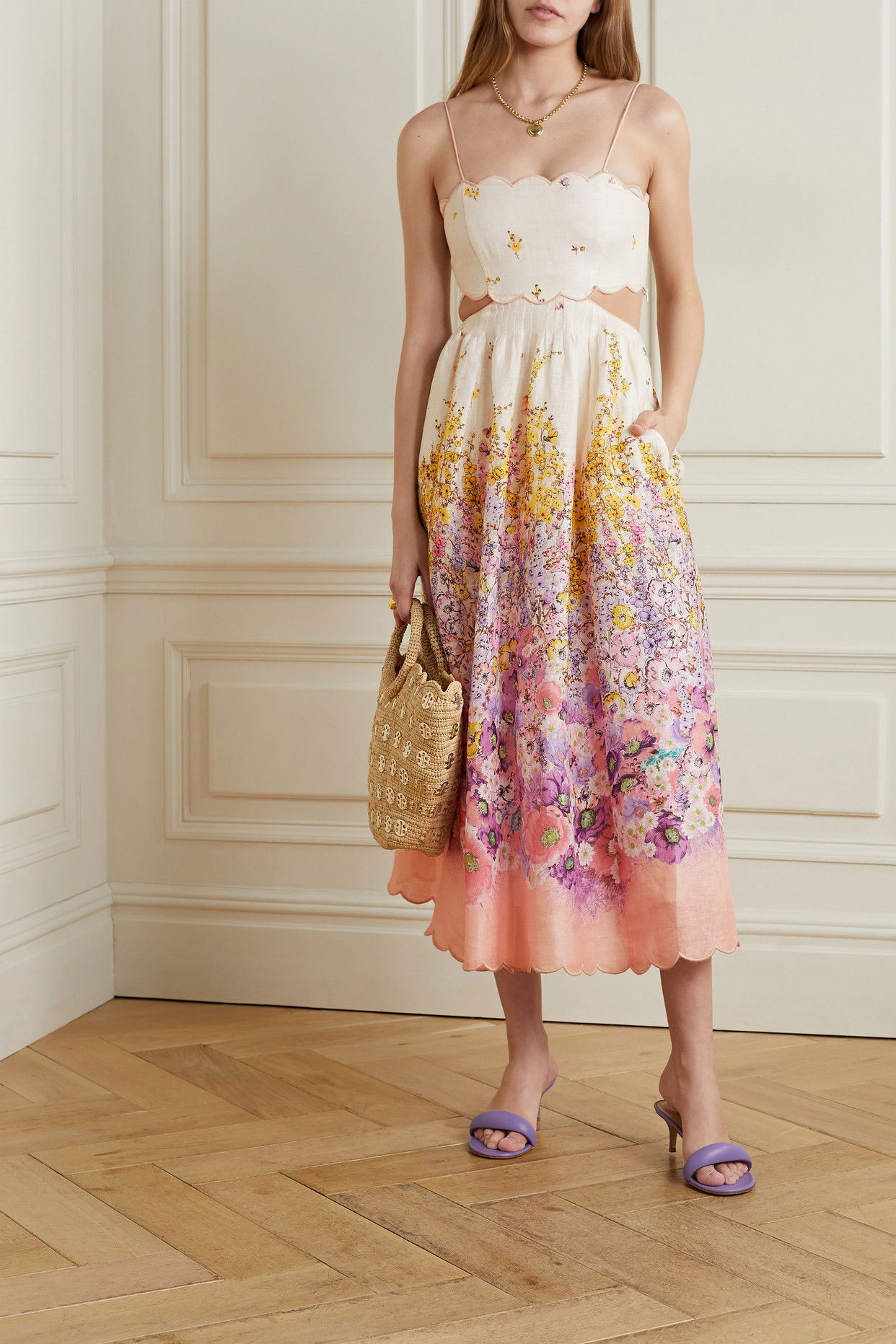 chinese dress ladies Zimmermann Coco Tie Front Midi Dress Floral Linen Cut Out  Naked Pear