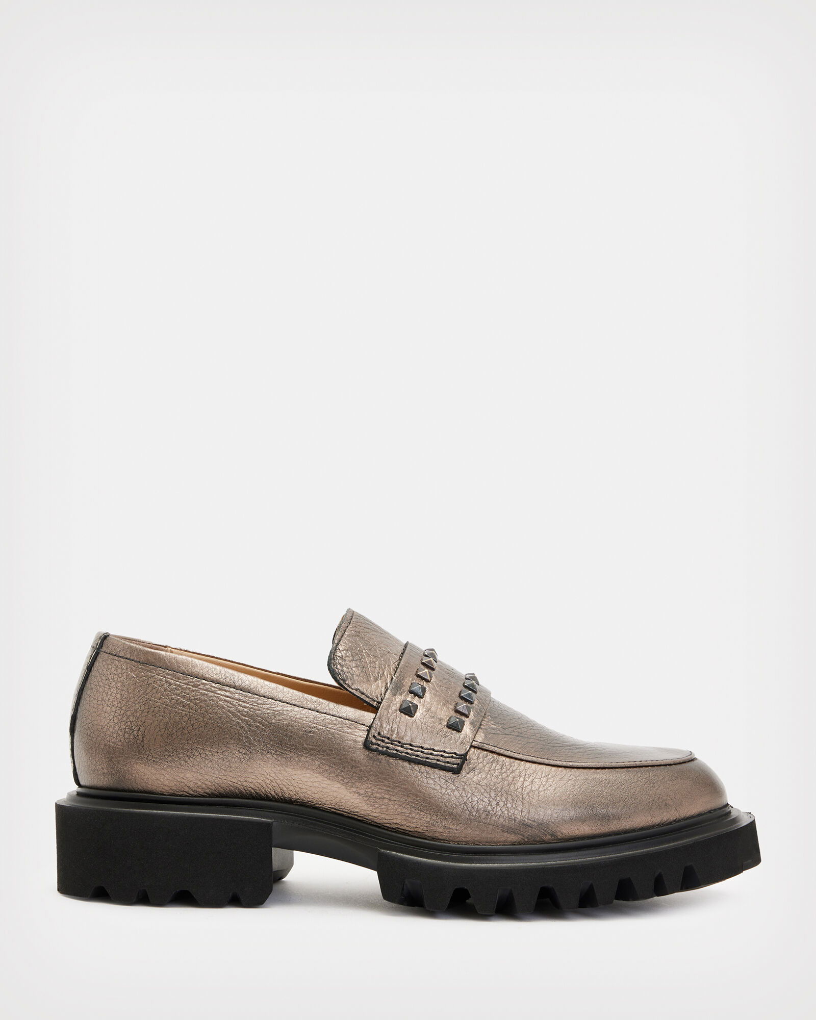 ALLSAINTS Lola Studded Leather Loafers in PEWTER/MATTE BLACK | endource