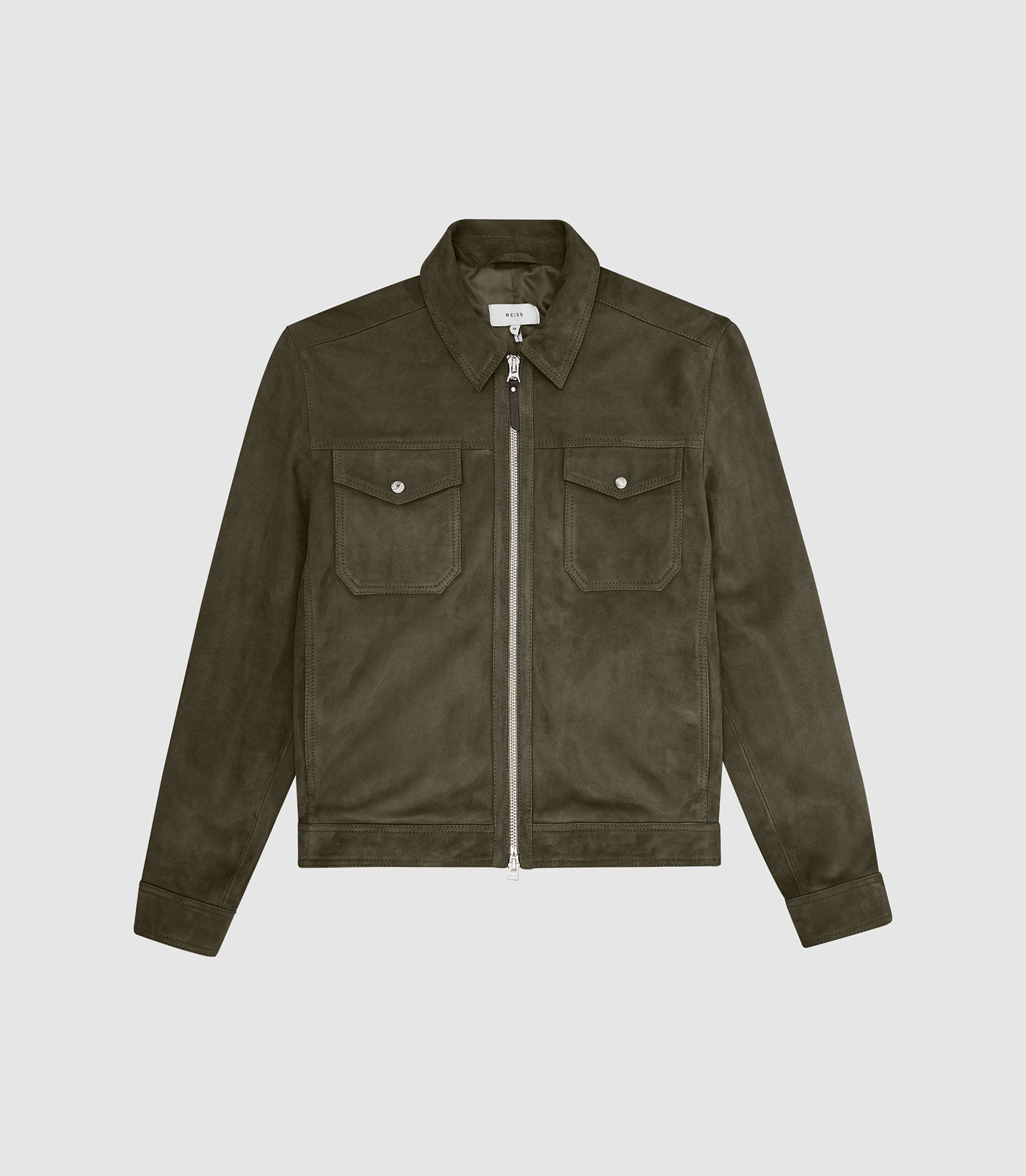 REISS Pike Suede Zip Through Trucker Jacket in Green | Endource