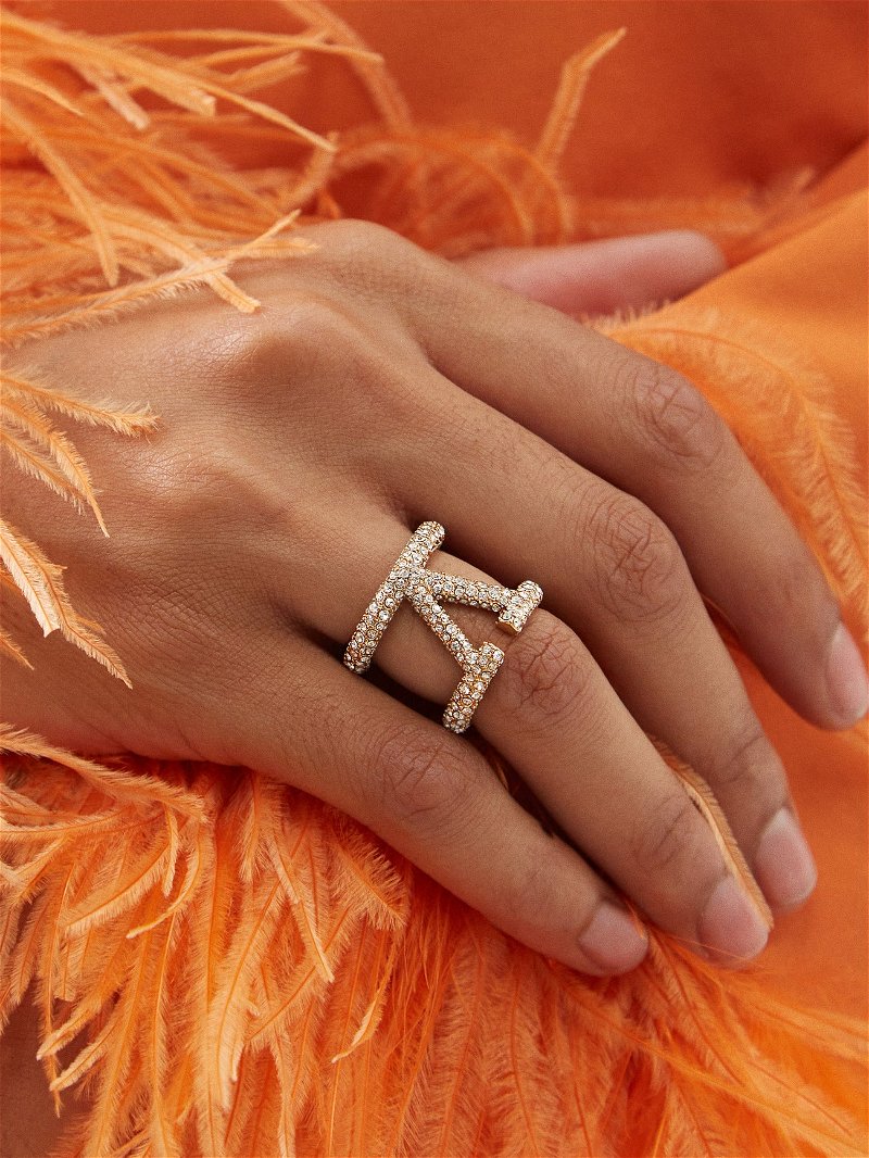 V Logo Crystal Embellished Ring in Gold - Valentino