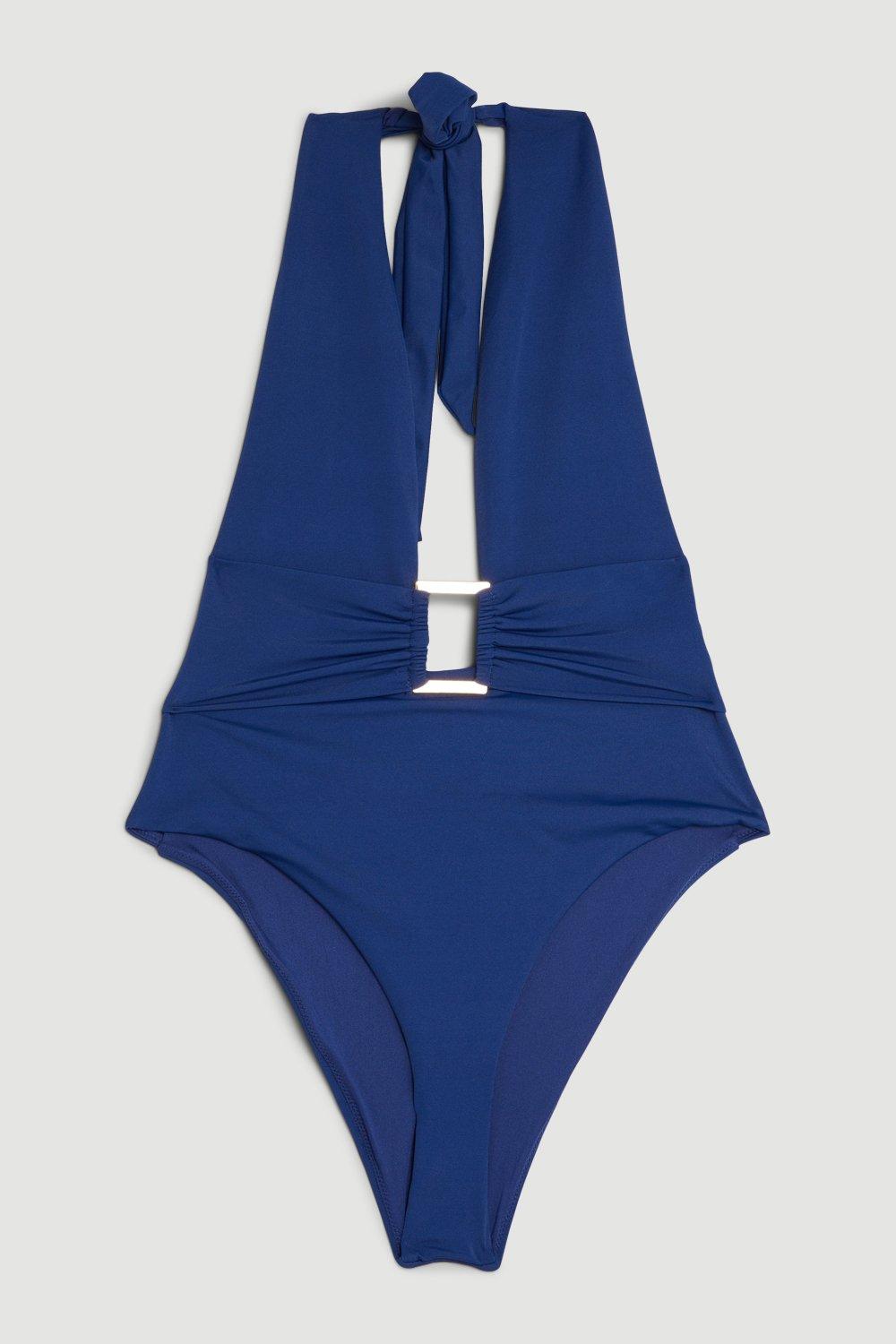 KAREN MILLEN Trim Detail Plunge Swimsuit in Blue | endource