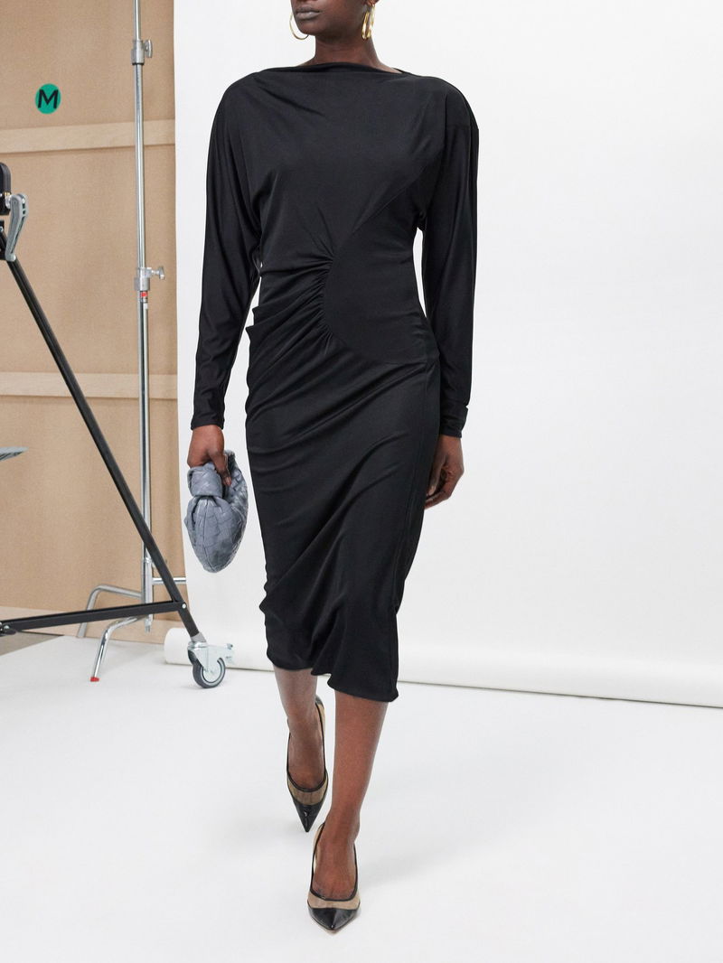 KHAITE Oron Ruched Jersey Midi Dress | endource