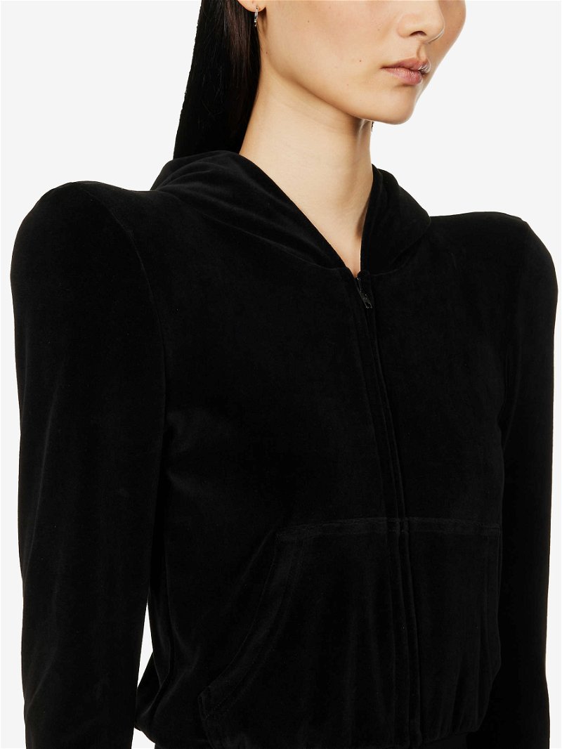 Black Padded-shoulder cotton-velvet hoodie, Balenciaga
