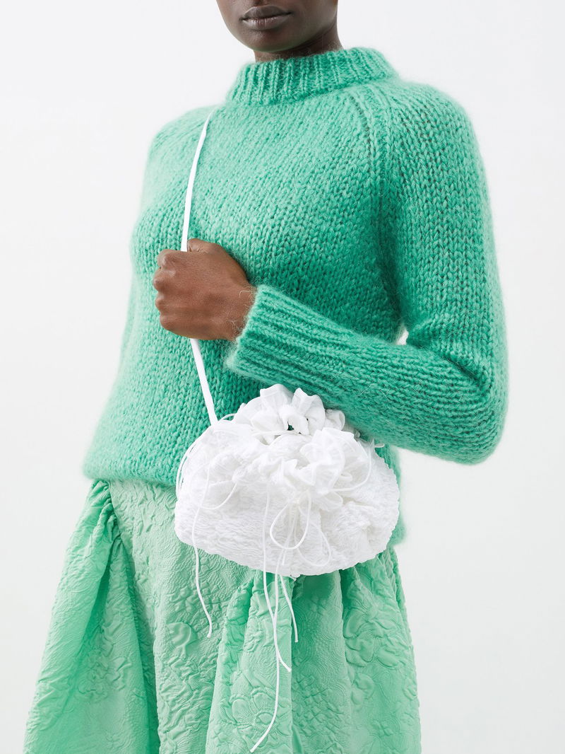 CECILIE BAHNSEN Kiku Ruched Dahlia-Matelassé Clutch Bag in White 