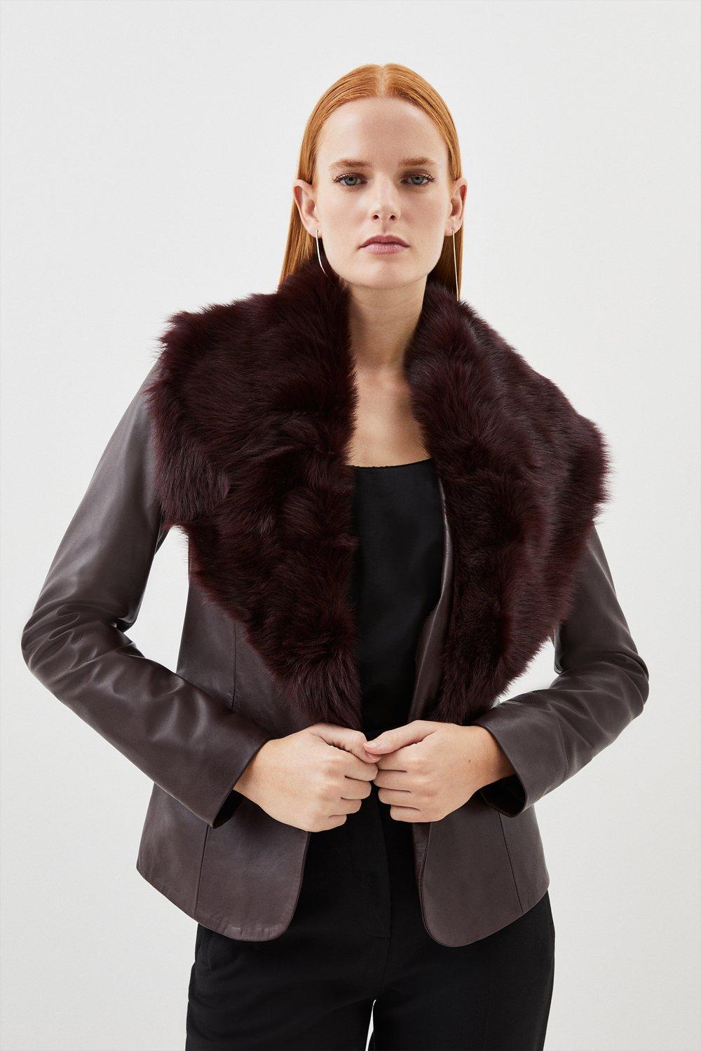 KAREN MILLEN Leather And Shearling Collar Blazer Endource