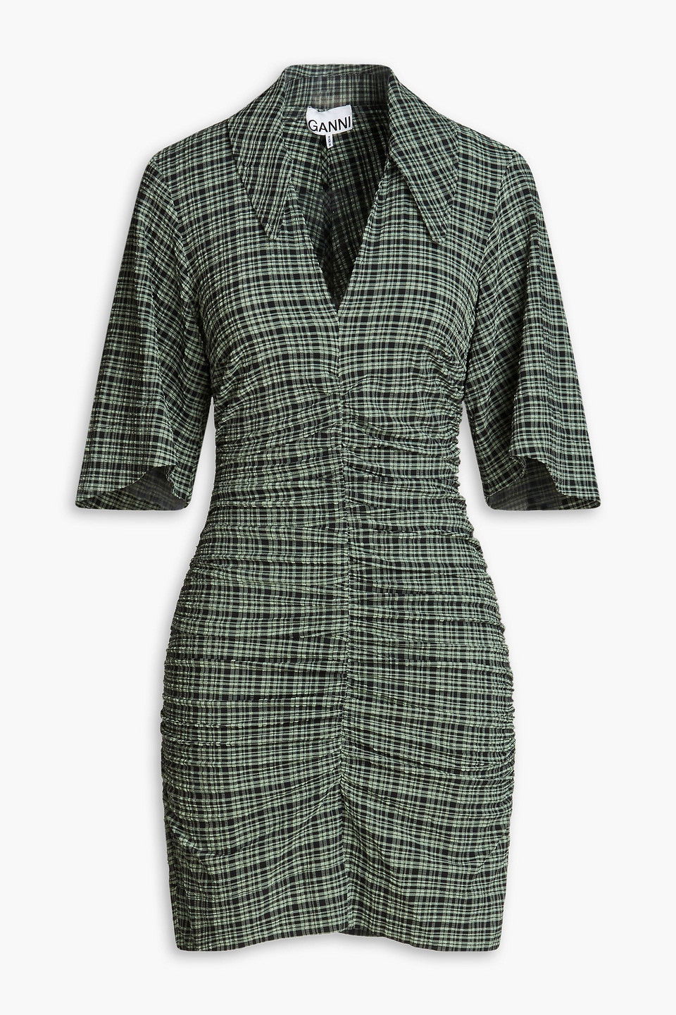GANNI Ruched Checked Seersucker Mini Dress | endource