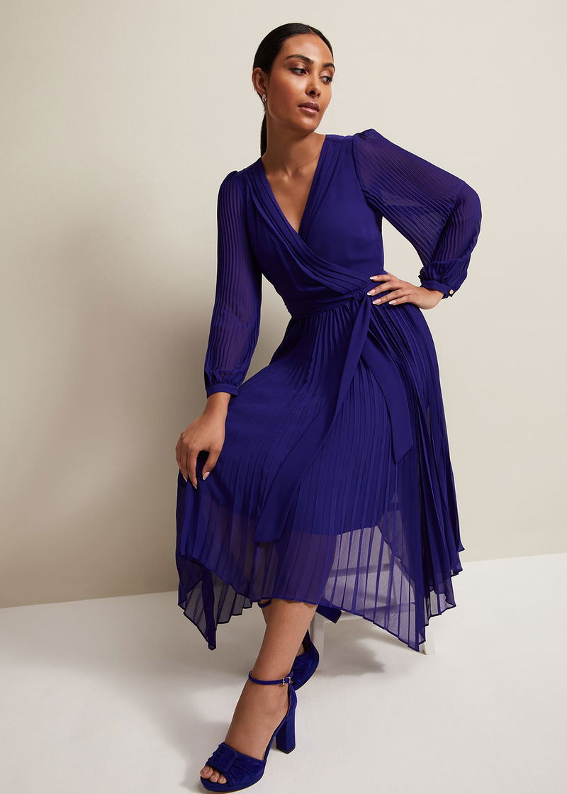 PHASE EIGHT Petite Petra Pleated Midi Dress in Cobalt