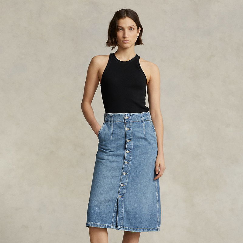 POLO RALPH LAUREN A-Line Button-Front Denim Midi Skirt in Blue | Endource