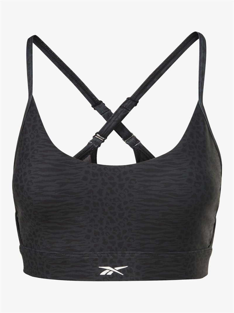 REEBOK Lux Strappy Modern Safari Print Medium Impact Sports Bra in Black