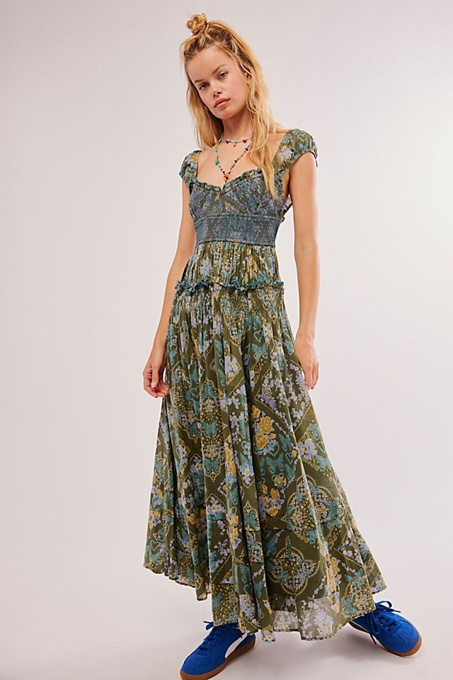 boden green silk dress Tie Neck Satin Midi Dress-Green Fir, Peony Bloom main image 1