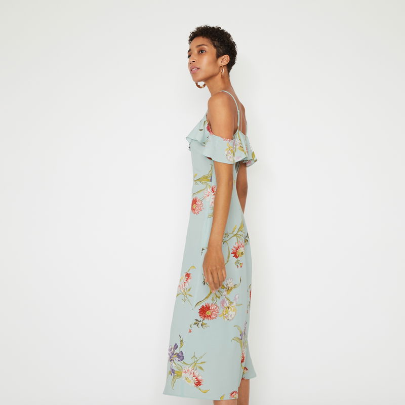 knee length dresses for ladies (M) 70s Cream Floral Trim Midi Dress