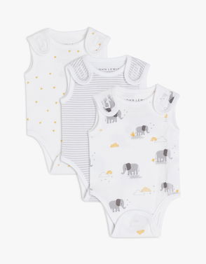 JOHN LEWIS Baby Elephant Short Sleeve Bodysuits, Pack of 3