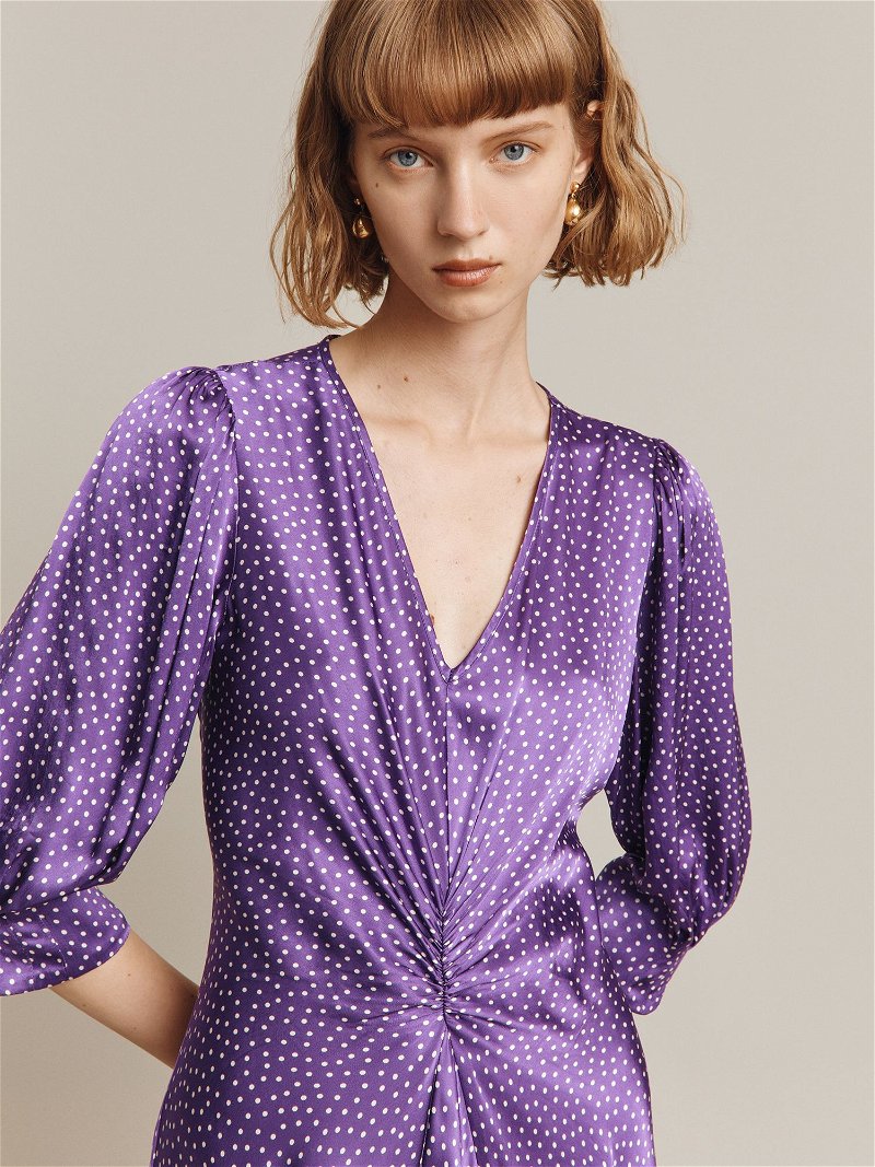GHOST Louisa Spot Print Satin Midi Dress in Purple | Endource
