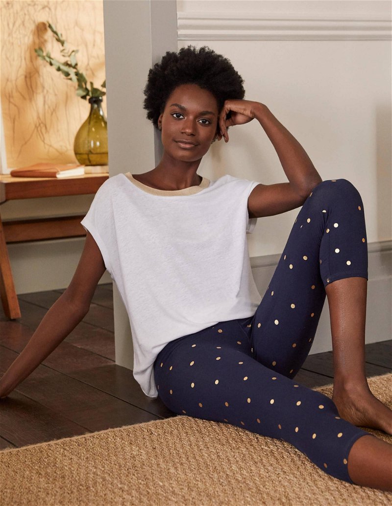 BODEN High Rise Crop Jersey Leggings in Navy and Gold, Polka Dot