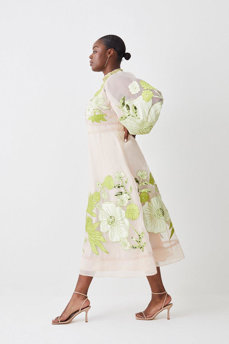 sheer floral midi dress Romantic Floral Midi Dress with Organza Details – FOR HER NYC OFFICIAL