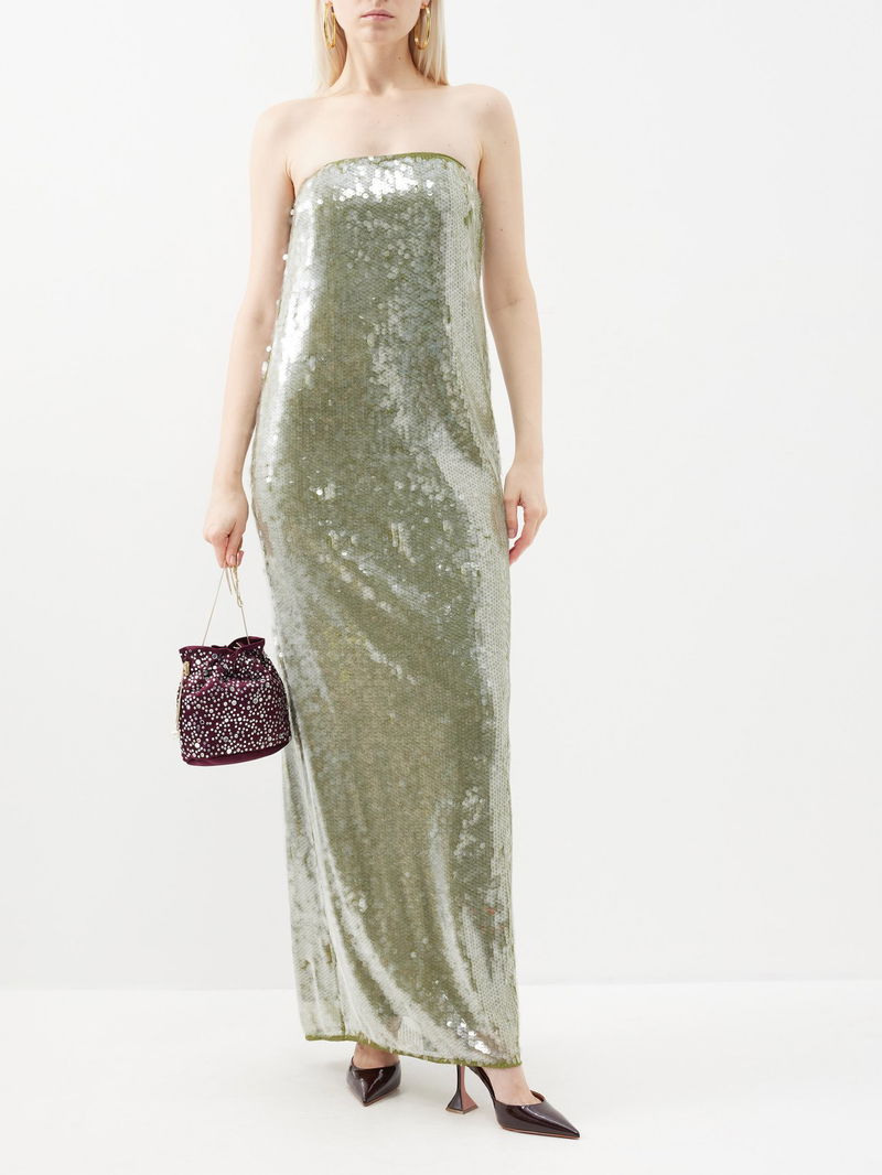 STAUD Casey Strapless Sequinned Dress in Green | Endource