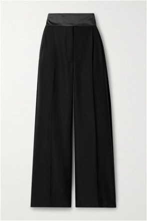 STELLA MCCARTNEY Pleated Satin-Trimmed Wool-Crepe Straight-Leg Pants in  Black