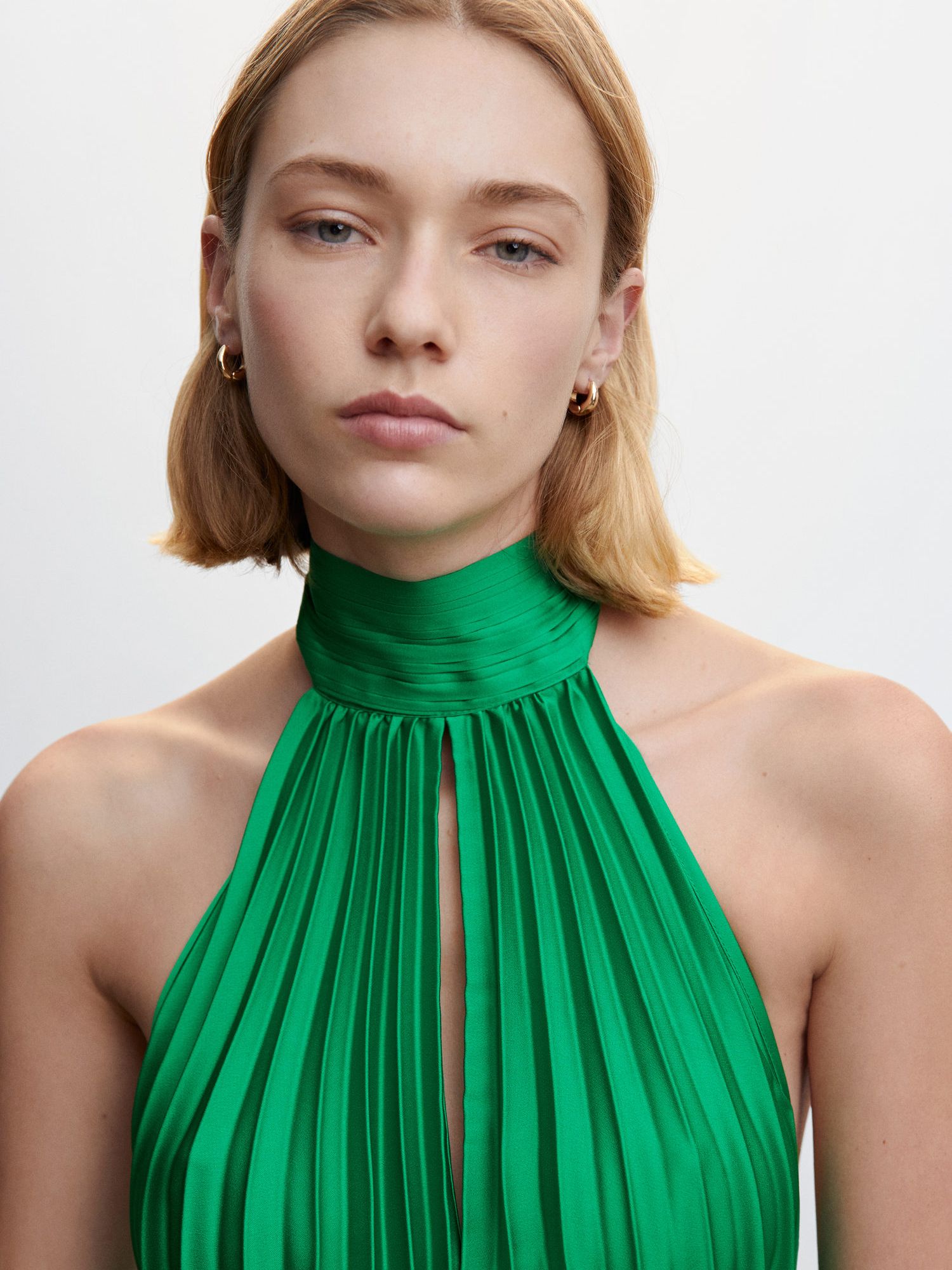 MANGO Leaf Pleated Halter Neck Dress | endource