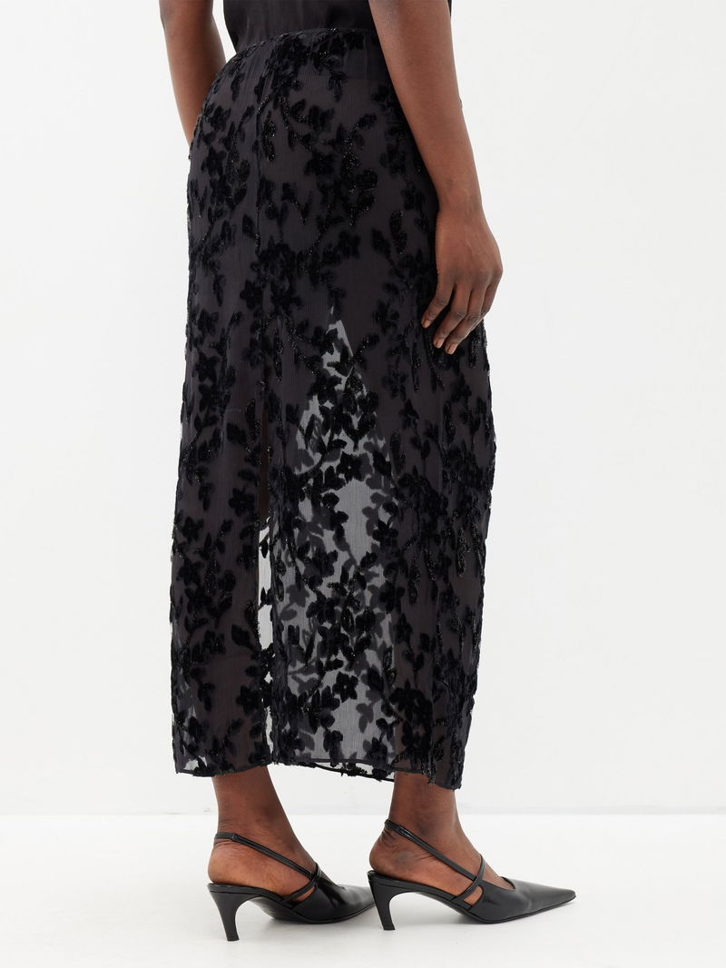 TIBI Ione Floral-Devoré Chiffon Slip Skirt in Black