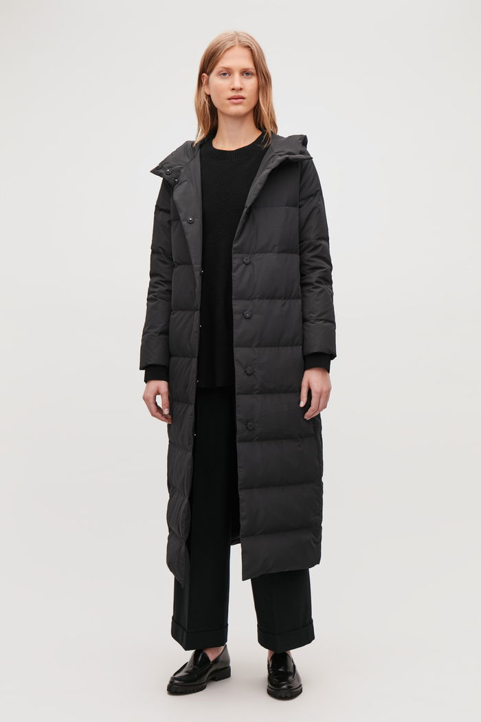 COS Hooded Long Puffer Coat in Black | Endource