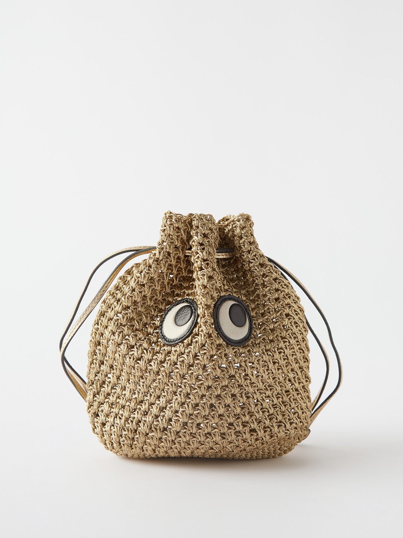 ANYA HINDMARCH Eyes Woven Drawstring Bag in Gold Endource