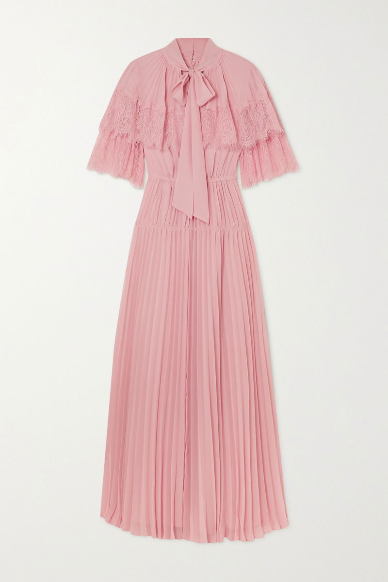 SELF-PORTRAIT Lace-Trimmed Pleated Chiffon Maxi Dress