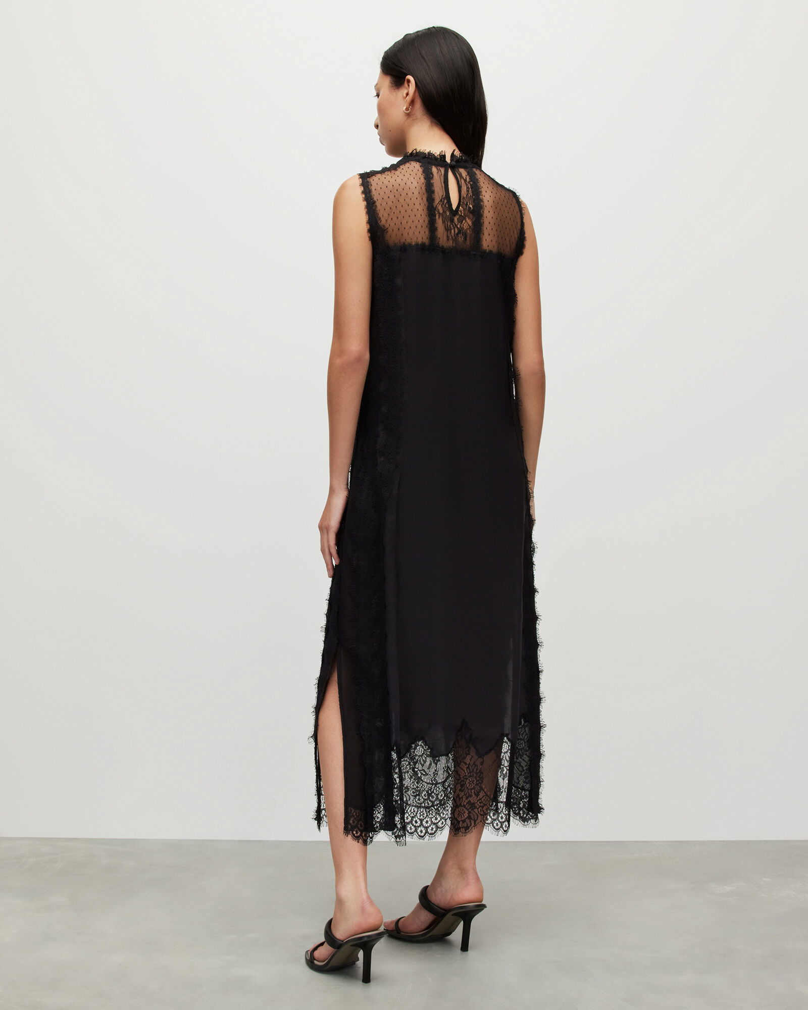 mila lace panelled frill trim maxi dress AllSaints Mila Lace Panelled Frill Trim Maxi Dress in White