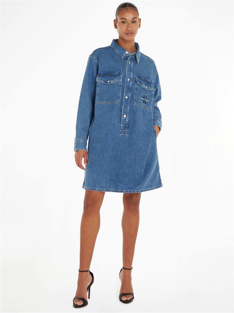 CALVIN KLEIN Utility Denim Shirt Dress in Light Blue | Endource