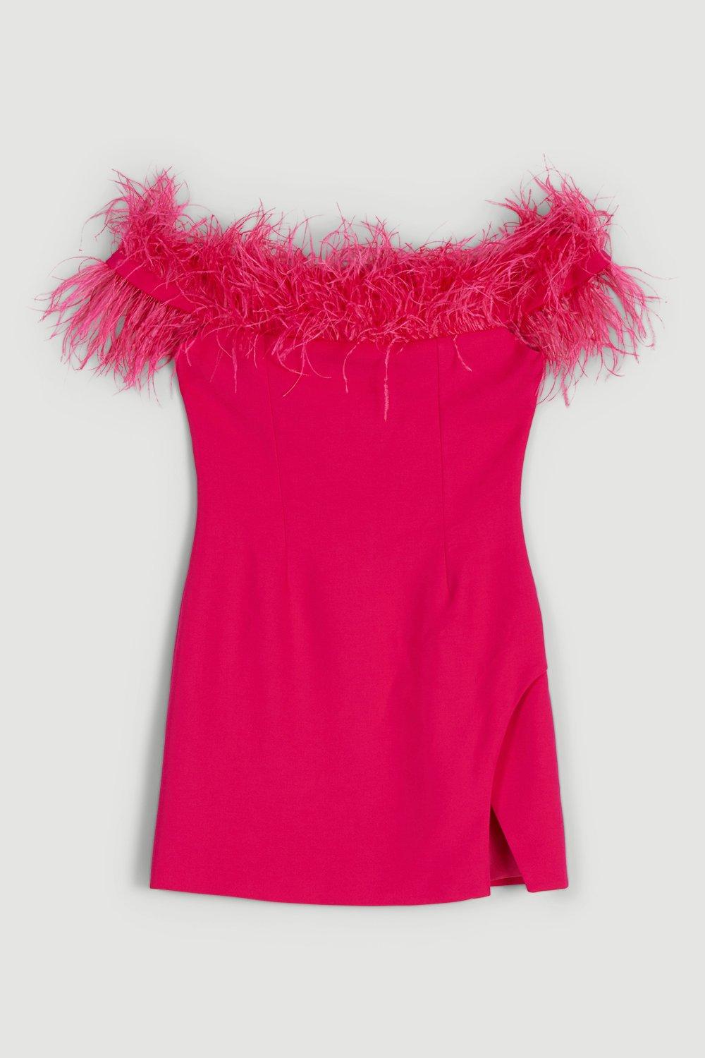 KAREN MILLEN Compact Stretch Feather Bardot Dress in Pink Endource