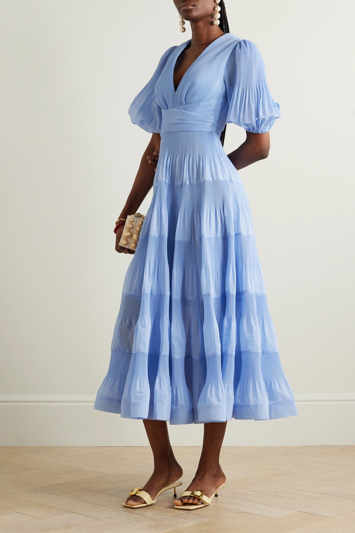 tiered plissé taffeta midi dress ZIMMERMANN Tiered Plissé-Taffeta Midi Dress