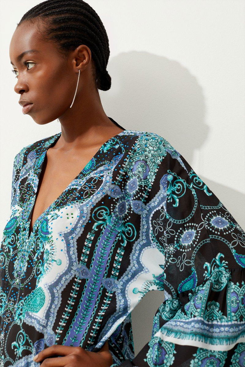 KAREN MILLEN Embellished Mirrored Print Kimono Sleeve Mini Beach Dress |  endource